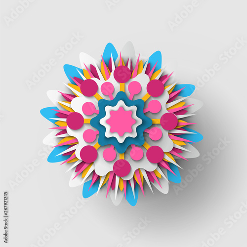 Paper cut origami of flower, colorful blossom ornament with shadow, 3d view of floral symbol, greeting or poster decorated by bouquet, festive vector