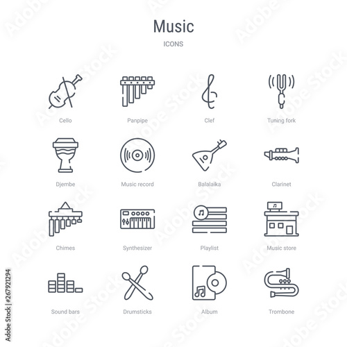 set of 16 music concept vector line icons such as trombone, album, drumsticks, sound bars, music store, playlist, synthesizer, chimes. 64x64 thin stroke icons photo