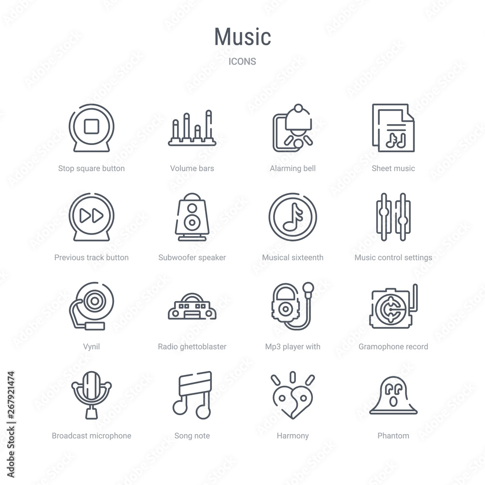 set of 16 music concept vector line icons such as phantom, harmony, song note, broadcast microphone, gramophone record, mp3 player with headphones, radio ghettoblaster, vynil. 64x64 thin stroke