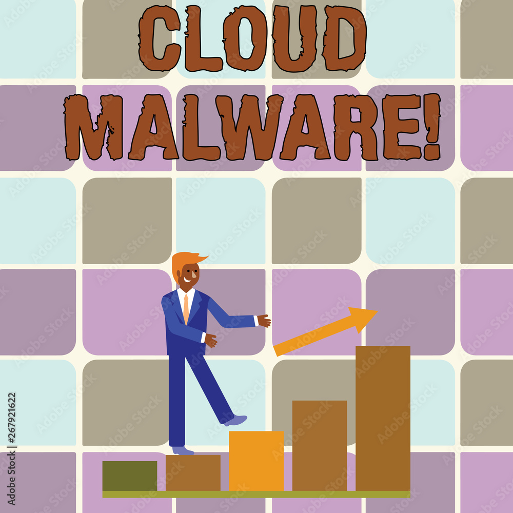 Handwriting text writing Cloud Malware. Conceptual photo malicious software file or program harmful to a computer Smiling Businessman Climbing Colorful Bar Chart Following an Arrow Going Up Handwriting text writing Cloud Malware. Conceptual photo malicious software file or program harmful to a computer Smiling Businessman Climbing Colorful Bar Chart Following an Arrow Going Up