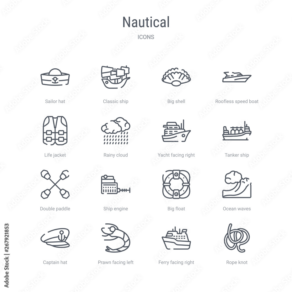 set of 16 nautical concept vector line icons such as rope knot, ferry facing right, prawn facing left, captain hat, ocean waves, big float, ship engine, double paddle. 64x64 thin stroke icons