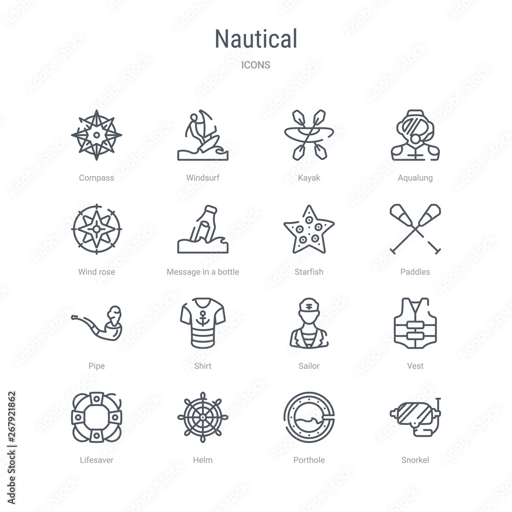 set of 16 nautical concept vector line icons such as snorkel, porthole, helm, lifesaver, vest, sailor, shirt, pipe. 64x64 thin stroke icons