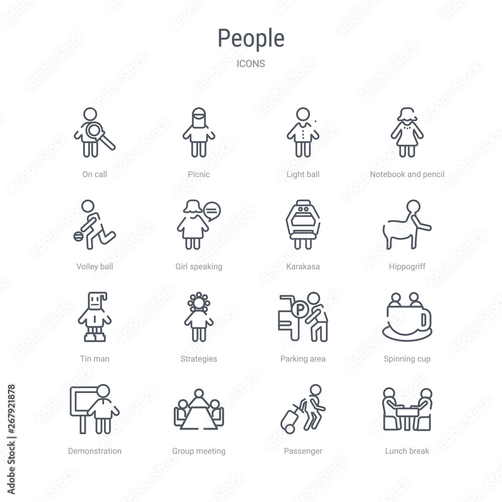 set of 16 people concept vector line icons such as lunch break, passenger, group meeting, demonstration, spinning cup, parking area, strategies, tin man. 64x64 thin stroke icons