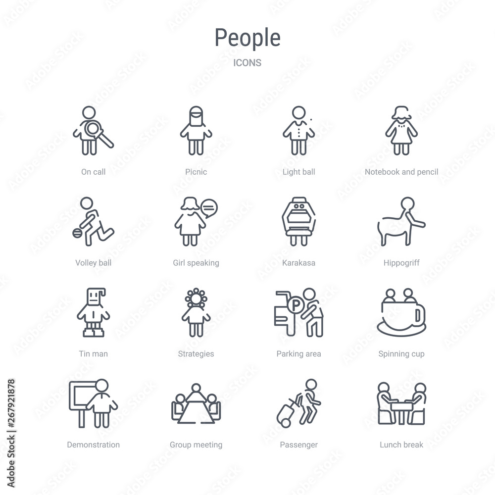 set of 16 people concept vector line icons such as lunch break, passenger, group meeting, demonstration, spinning cup, parking area, strategies, tin man. 64x64 thin stroke icons set of 16 people concept vector line icons such as lunch break, passenger, group meeting, demonstration, spinning cup, parking area, strategies, tin man. 64x64 thin stroke icons