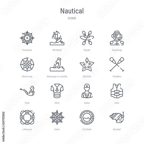 set of 16 nautical concept vector line icons such as snorkel, porthole, helm, lifesaver, vest, sailor, shirt, pipe. 64x64 thin stroke icons