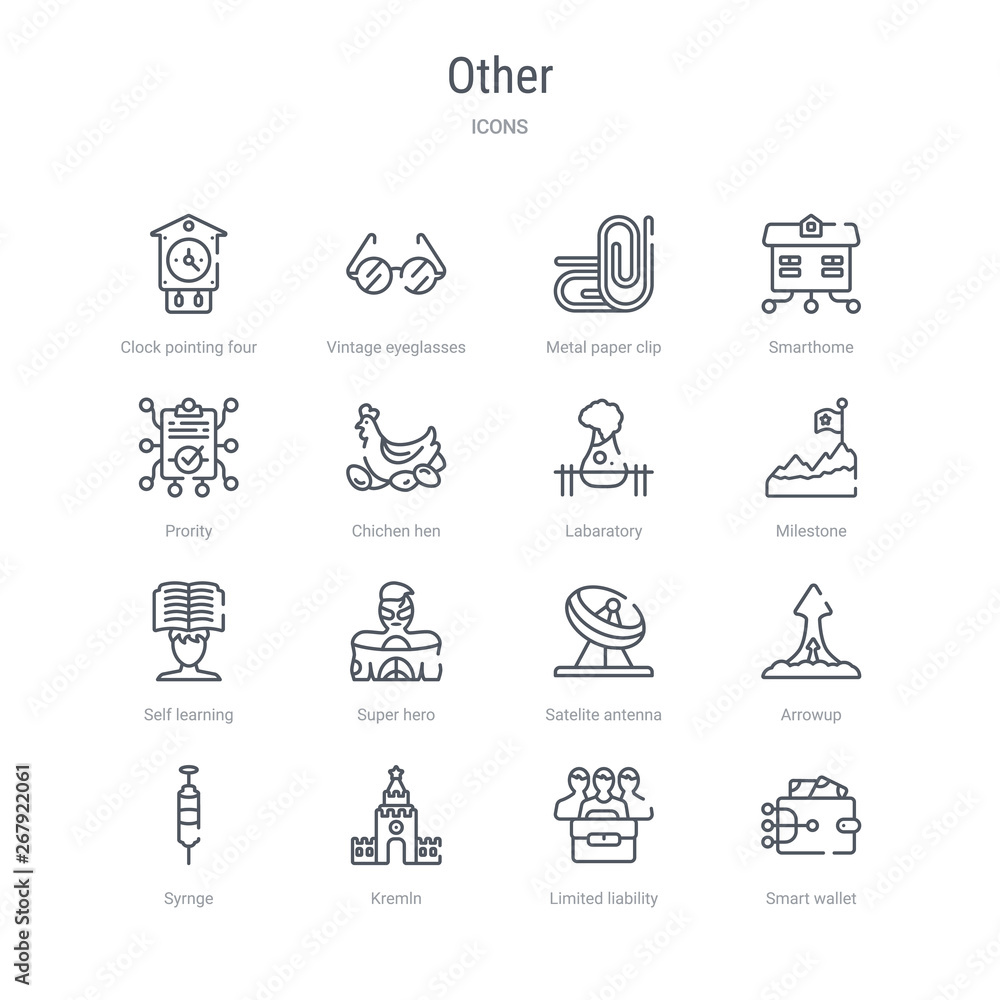 set of 16 other concept vector line icons such as smart wallet, limited liability, kremln, syrnge, arrowup, satelite antenna, super hero, self learning. 64x64 thin stroke icons set of 16 other concept vector line icons such as smart wallet, limited liability, kremln, syrnge, arrowup, satelite antenna, super hero, self learning. 64x64 thin stroke icons