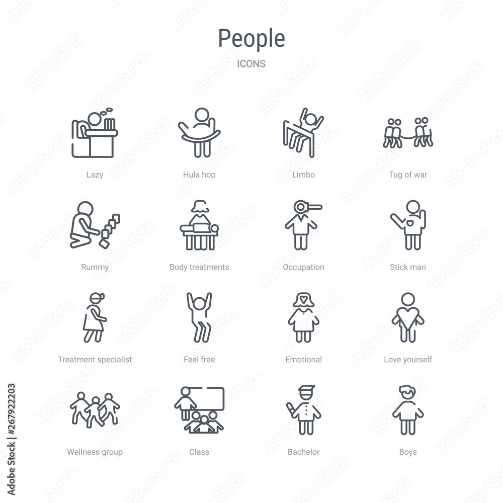 set of 16 people concept vector line icons such as boys, bachelor, class, wellness group, love yourself, emotional, feel free, treatment specialist. 64x64 thin stroke icons set of 16 people concept vector line icons such as boys, bachelor, class, wellness group, love yourself, emotional, feel free, treatment specialist. 64x64 thin stroke icons