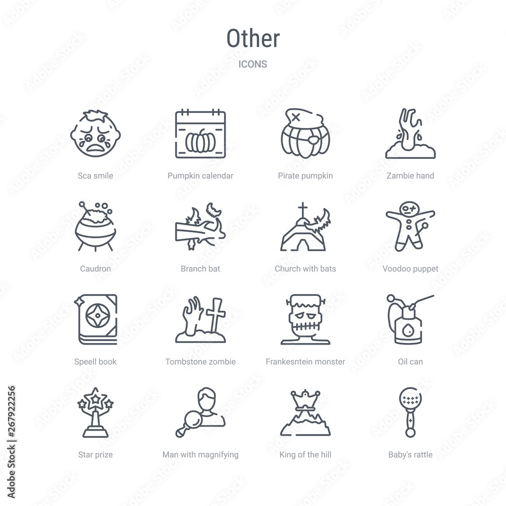set of 16 other concept vector line icons such as baby's rattle, king of the hill, man with magnifying flass, star prize, oil can, frankesntein monster, tombstone zombie hand, speell book. 64x64