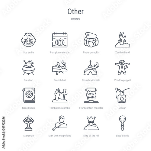 set of 16 other concept vector line icons such as baby's rattle, king of the hill, man with magnifying flass, star prize, oil can, frankesntein monster, tombstone zombie hand, speell book. 64x64