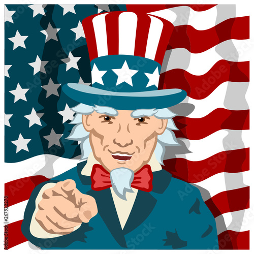 Cheerful Uncle Sam is smiling and pointing a finger at you against the background of the American flag