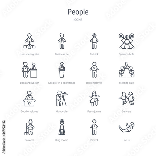 set of 16 people concept vector line icons such as locust, pierrot, king momo, farmers, dancers, festa junina, monocular, good employee. 64x64 thin stroke icons