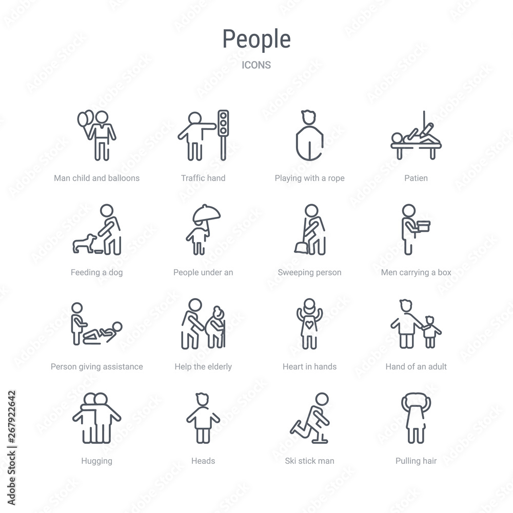 set of 16 people concept vector line icons such as pulling hair, ski stick man, heads, hugging, hand of an adult, heart in hands, help the elderly, person giving assistance. 64x64 thin stroke icons set of 16 people concept vector line icons such as pulling hair, ski stick man, heads, hugging, hand of an adult, heart in hands, help the elderly, person giving assistance. 64x64 thin stroke icons