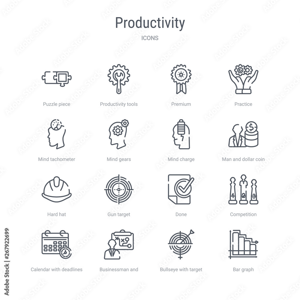 set of 16 productivity concept vector line icons such as bar graph, bullseye with target, businessman and tactics, calendar with deadlines, competition, done, gun target, hard hat. 64x64 thin stroke set of 16 productivity concept vector line icons such as bar graph, bullseye with target, businessman and tactics, calendar with deadlines, competition, done, gun target, hard hat. 64x64 thin stroke