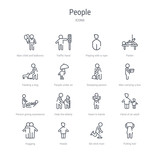set of 16 people concept vector line icons such as pulling hair, ski stick man, heads, hugging, hand of an adult, heart in hands, help the elderly, person giving assistance. 64x64 thin stroke icons