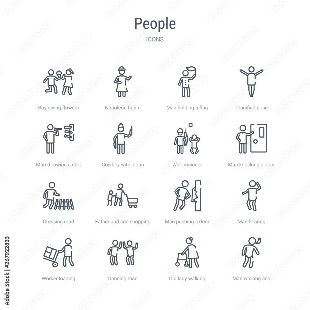 set of 16 people concept vector line icons such as man walking and smoking, old lady walking, dancing man, worker loading, man hearing, pushing a door with his body, father and son shopping, set of 16 people concept vector line icons such as man walking and smoking, old lady walking, dancing man, worker loading, man hearing, pushing a door with his body, father and son shopping,