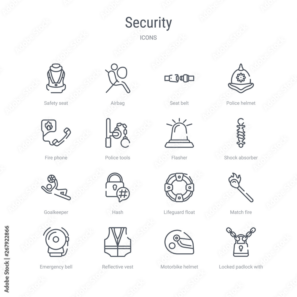 set of 16 security concept vector line icons such as locked padlock with chain, motorbike helmet, reflective vest, emergency bell, match fire, lifeguard float, hash, goalkeeper. 64x64 thin stroke set of 16 security concept vector line icons such as locked padlock with chain, motorbike helmet, reflective vest, emergency bell, match fire, lifeguard float, hash, goalkeeper. 64x64 thin stroke