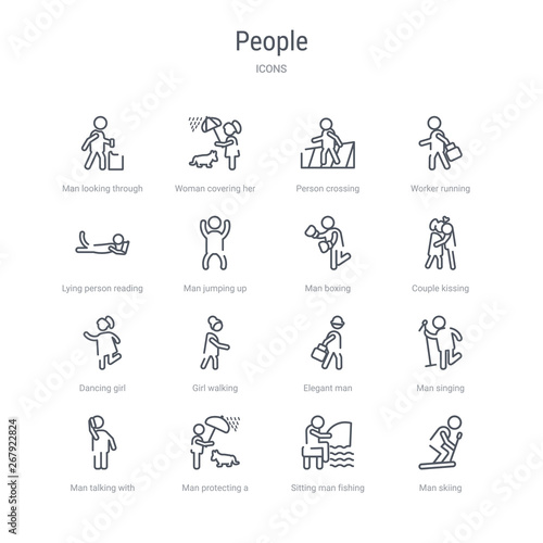 set of 16 people concept vector line icons such as man skiing, sitting man fishing, man protecting a dog with an umbrella, talking with phone, singing, elegant girl walking, dancing girl. 64x64 thin
