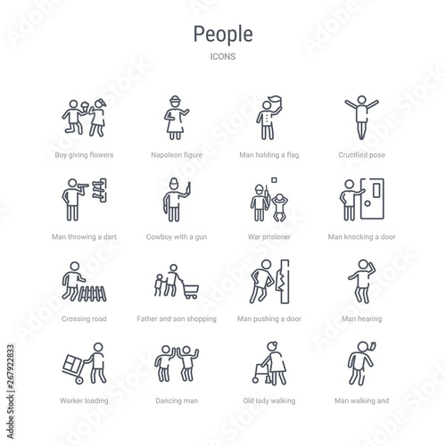set of 16 people concept vector line icons such as man walking and smoking, old lady walking, dancing man, worker loading, man hearing, pushing a door with his body, father and son shopping,