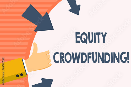 Word writing text Equity Crowdfunding. Business photo showcasing raising capital used by startups and earlystage company Hand Gesturing Thumbs Up and Holding on Blank Space Round Shape with Arrows photo