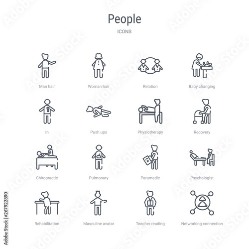 set of 16 people concept vector line icons such as networking connection, teacher reading, masculine avatar, rehabilitation, psychologist, paramedic, pulmonary, chiropractic. 64x64 thin stroke icons