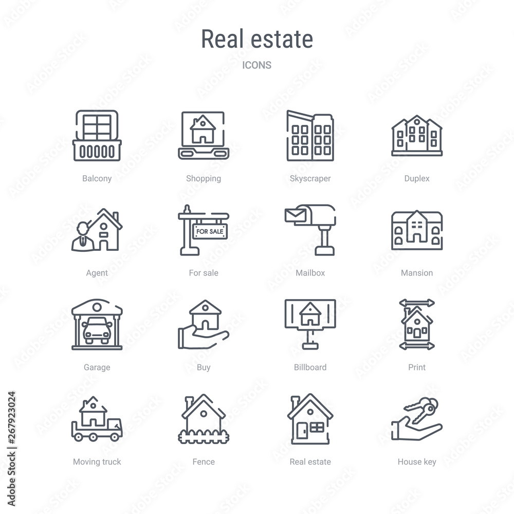 set of 16 real estate concept vector line icons such as house key, real estate, fence, moving truck, print, billboard, buy, garage. 64x64 thin stroke icons