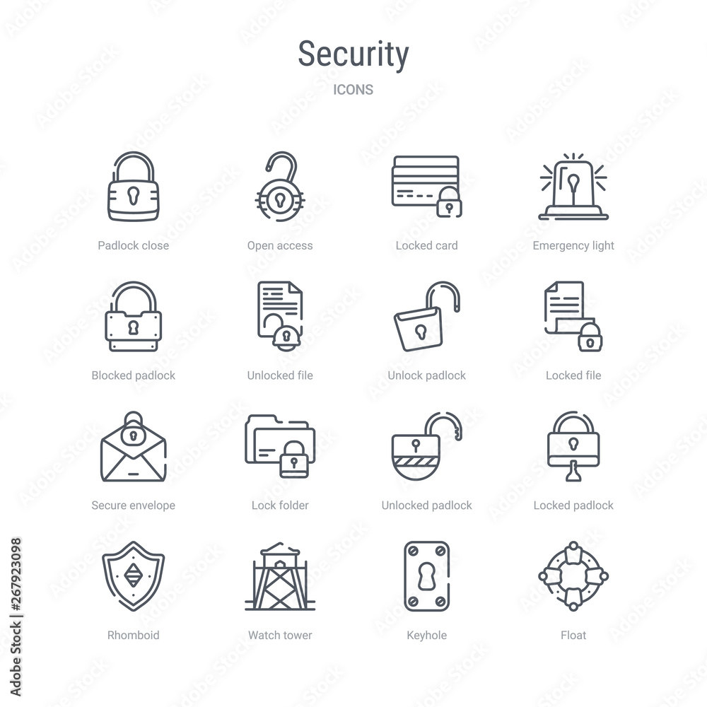 set of 16 security concept vector line icons such as float, keyhole, watch tower, rhomboid, locked padlock, unlocked padlock, lock folder, secure envelope. 64x64 thin stroke icons