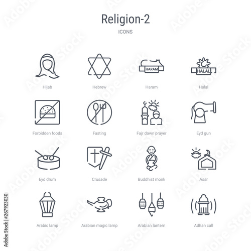 set of 16 religion-2 concept vector line icons such as adhan call, arabian lantern, arabian magic lamp, arabic lamp, assr, buddhist monk, crusade, eyd drum. 64x64 thin stroke icons
