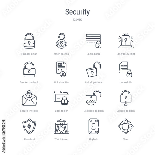 set of 16 security concept vector line icons such as float, keyhole, watch tower, rhomboid, locked padlock, unlocked padlock, lock folder, secure envelope. 64x64 thin stroke icons