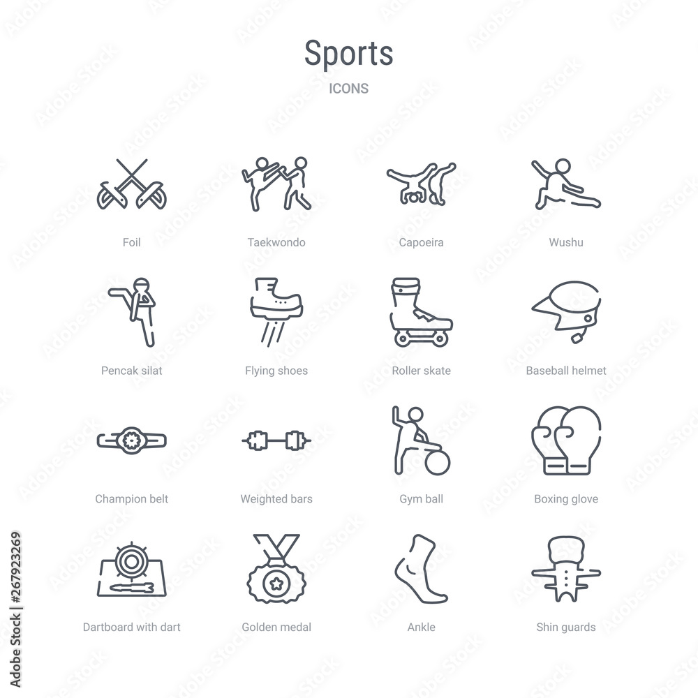 set of 16 sports concept vector line icons such as shin guards, ankle, golden medal, dartboard with dart, boxing glove, gym ball, weighted bars, champion belt. 64x64 thin stroke icons