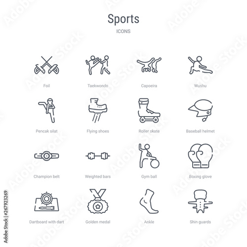 set of 16 sports concept vector line icons such as shin guards, ankle, golden medal, dartboard with dart, boxing glove, gym ball, weighted bars, champion belt. 64x64 thin stroke icons