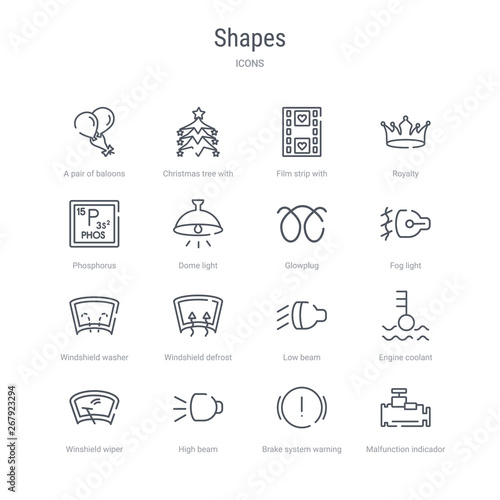 set of 16 shapes concept vector line icons such as malfunction indicador, brake system warning, high beam, winshield wiper, engine coolant, low beam, windshield defrost, windshield washer. 64x64