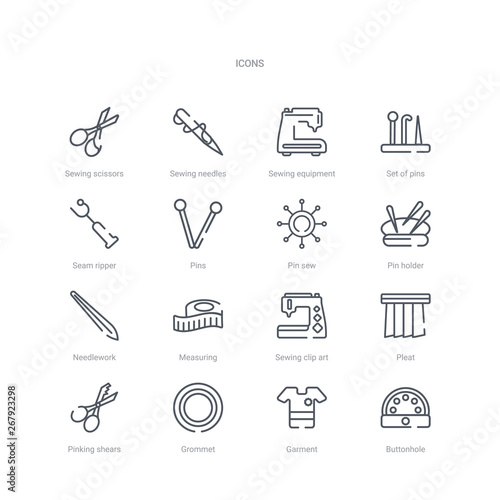 set of 16 sew concept vector line icons such as buttonhole, garment, grommet, pinking shears, pleat, sewing clip art, measuring, needlework. 64x64 thin stroke icons