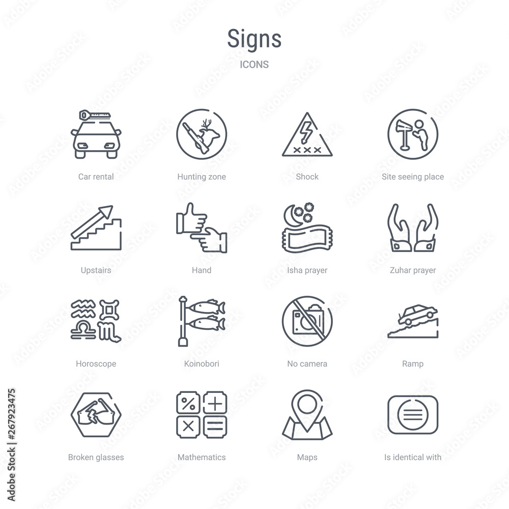 Fototapeta premium set of 16 signs concept vector line icons such as is identical with, maps, mathematics, broken glasses, ramp, no camera, koinobori, horoscope. 64x64 thin stroke icons