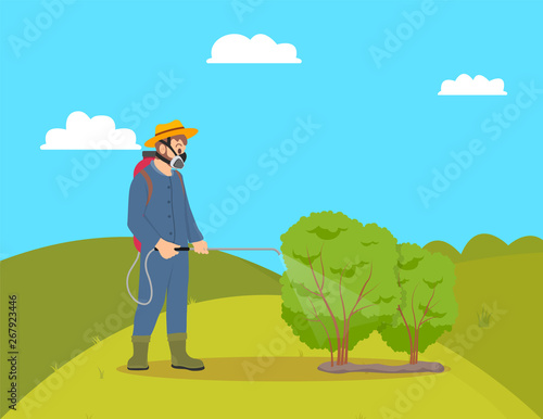 Worker with sprayer working on hill. Man farmer protecting bushes from harmful insects with chemical liquids from tank reservoir. Plantation vector