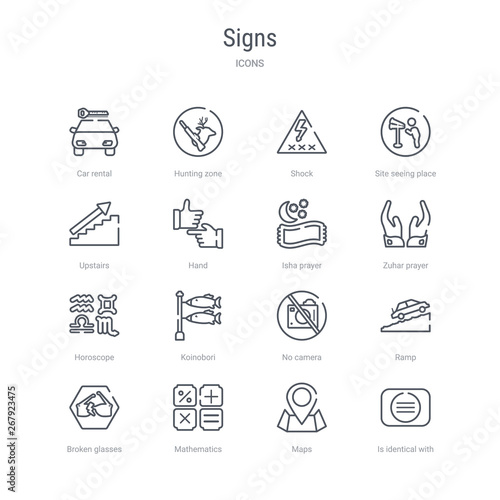 set of 16 signs concept vector line icons such as is identical with, maps, mathematics, broken glasses, ramp, no camera, koinobori, horoscope. 64x64 thin stroke icons