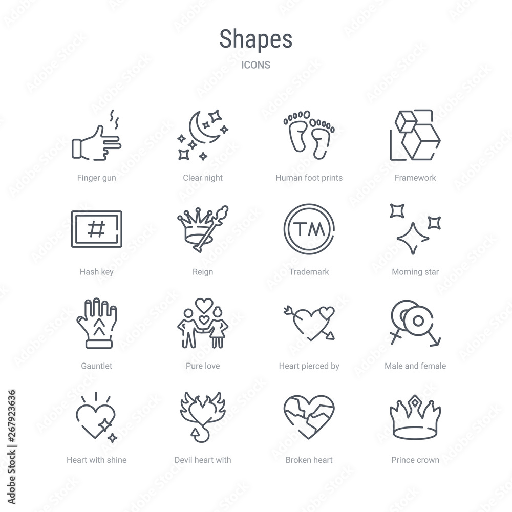 set of 16 shapes concept vector line icons such as prince crown, broken heart, devil heart with wings, heart with shine, male and female, pierced by an arrow, pure love, gauntlet. 64x64 thin stroke set of 16 shapes concept vector line icons such as prince crown, broken heart, devil heart with wings, heart with shine, male and female, pierced by an arrow, pure love, gauntlet. 64x64 thin stroke