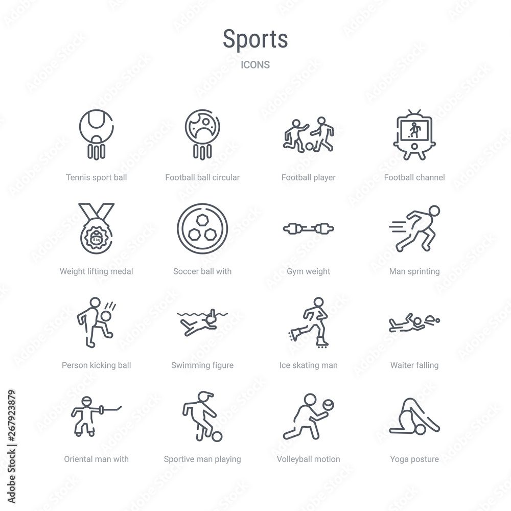 set of 16 sports concept vector line icons such as yoga posture, volleyball motion, sportive man playing with a ball, oriental man with a sword, waiter falling, ice skating man, swimming figure,