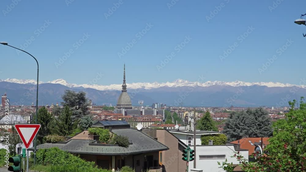 Turin, Torino, aerial skyline panorama with Mole Antonelliana, Monte dei Cappuccini and the Alps in the background. Italy, Piemonte, Turin. Turin, Torino, aerial skyline panorama with Mole Antonelliana, Monte dei Cappuccini and the Alps in the background. Italy, Piemonte, Turin.