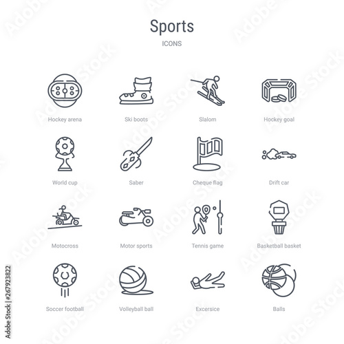 set of 16 sports concept vector line icons such as balls, excersice, volleyball ball, soccer football ball, basketball basket, tennis game, motor sports, motocross. 64x64 thin stroke icons