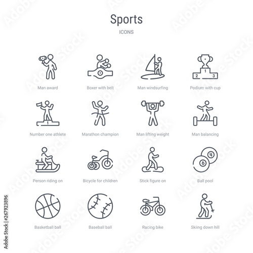 set of 16 sports concept vector line icons such as skiing down hill, racing bike, baseball ball, basketball ball with line, ball pool, stick figure on snowboard, bicycle for children, person riding