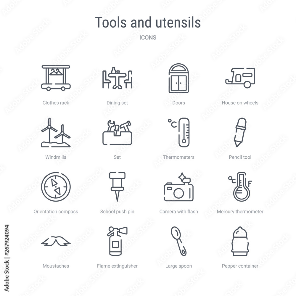 set of 16 tools and utensils concept vector line icons such as pepper container, large spoon, flame extinguisher, moustaches, mercury thermometer degrees, camera with flash, school push pin, set of 16 tools and utensils concept vector line icons such as pepper container, large spoon, flame extinguisher, moustaches, mercury thermometer degrees, camera with flash, school push pin,