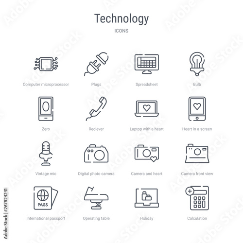 set of 16 technology concept vector line icons such as calculation, holiday, operating table, international passport, camera front view, camera and heart picture, digital photo camera, vintage mic.