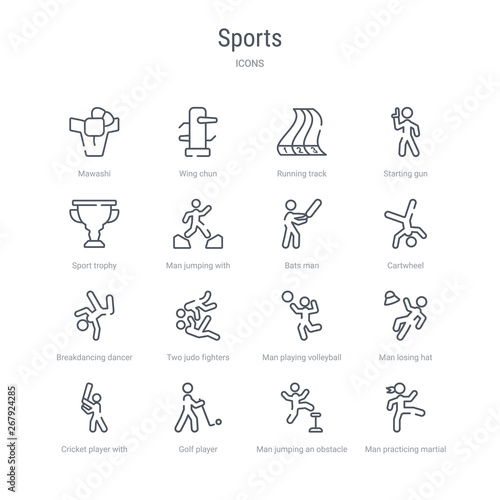 set of 16 sports concept vector line icons such as man practicing martial arts, man jumping an obstacle, golf player, cricket player with bat, man losing hat, playing volleyball, two judo fighters,