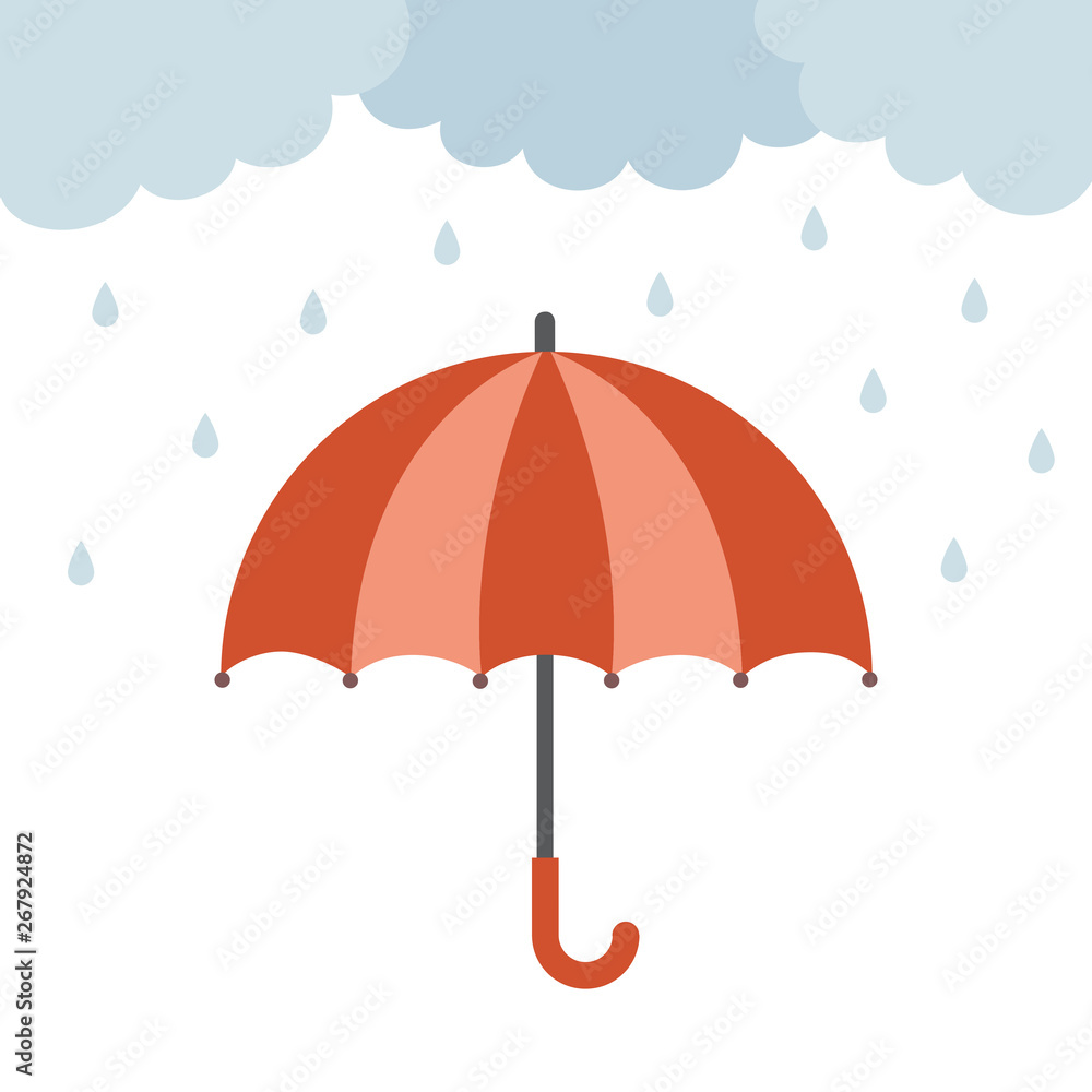 Red umbrella with rain cloud isolated on white background