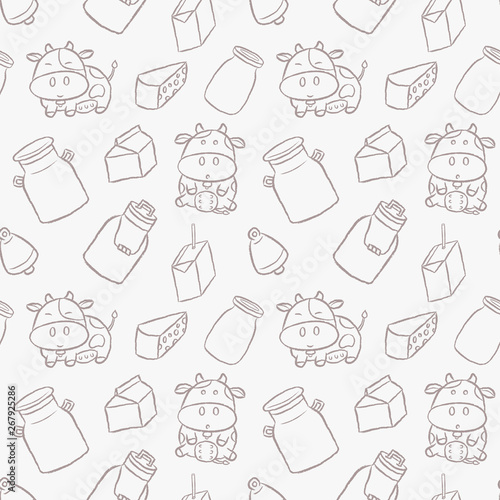 Cute dairy cows hand drawn cartoon style seamless pattern. Vector illustration wallpaper and background. Kawaii cartoon design.