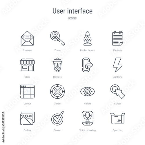 set of 16 user interface concept vector line icons such as open box, voice recording, correct, gallery, cursor, visible, cancel, layout. 64x64 thin stroke icons