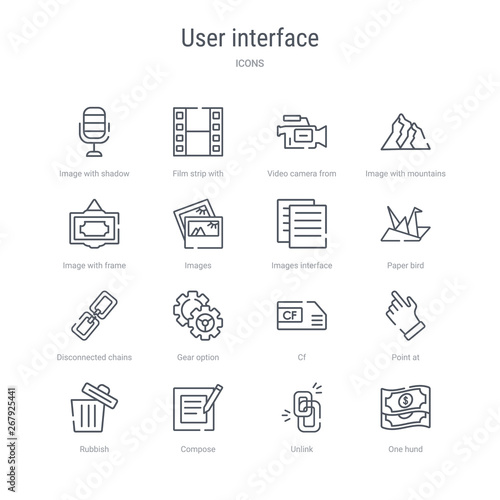 set of 16 user interface concept vector line icons such as one hund, unlink, compose, rubbish, point at, cf, gear option, disconnected chains. 64x64 thin stroke icons