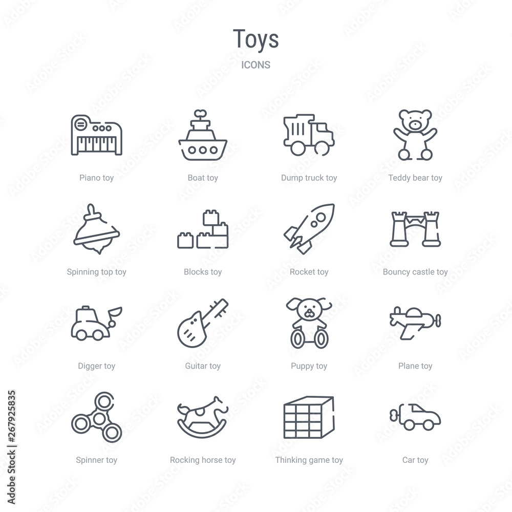 set of 16 toys concept vector line icons such as car toy, thinking game toy, rocking horse toy, spinner plane puppy guitar digger 64x64 thin stroke icons - obrazy, fototapety, plakaty 