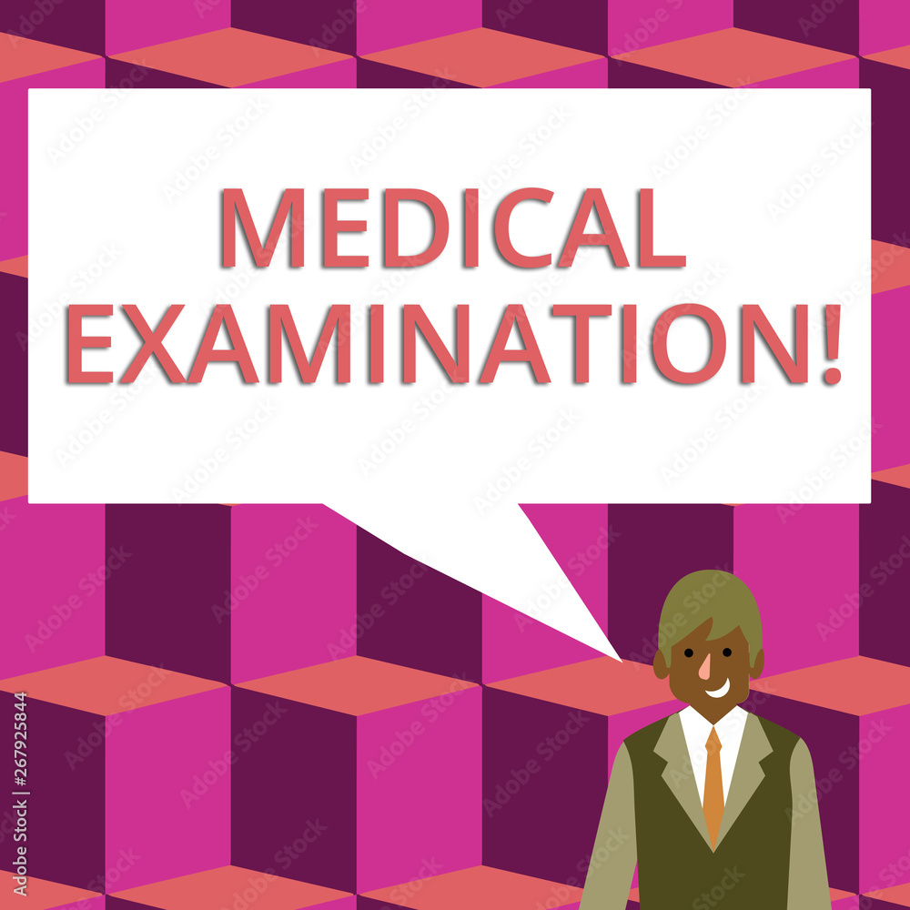 Text sign showing Medical Examination. Business photo text Checkup carried out to determine the physical fitness Businessman Smiling and Talking with Blank Rectangular Color Speech Bubble Text sign showing Medical Examination. Business photo text Checkup carried out to determine the physical fitness Businessman Smiling and Talking with Blank Rectangular Color Speech Bubble