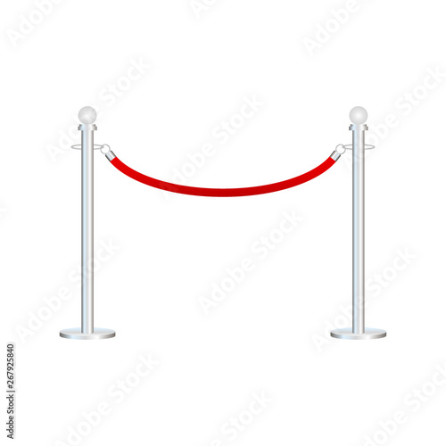 Red carpet with red ropes on golden stanchions. Exclusive event, movie premiere, gala, ceremony, awards concept. Vector stock illustration.
